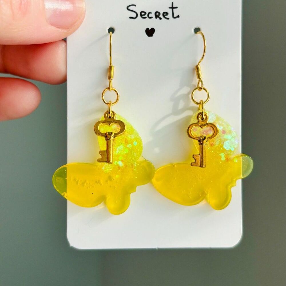 Yellow Butterfly Earrings Golden Key Charms, Glitter Dangles, Fairycore Jewelry